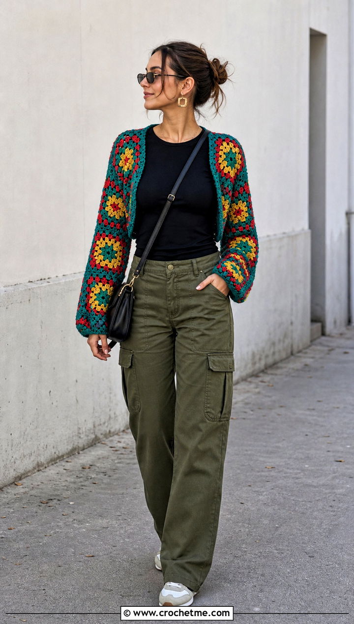 Granny Stitch Ballet Crochet Shrug With Cargo Pants - 20 Ballet Crochet Shrug outfit ideas