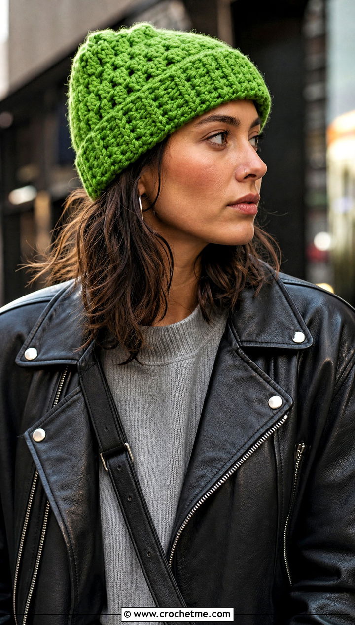 Granny Stitch Beanie With Leather Jacket - 30 crochet granny hat outfit ideas