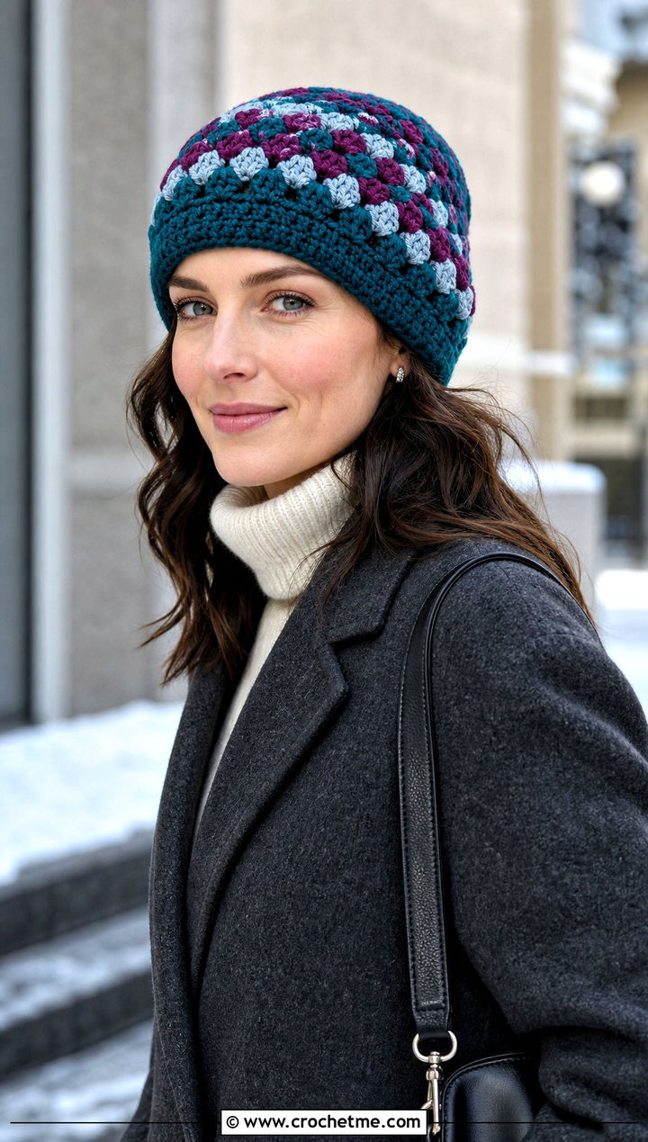 Granny Stitch Beanie With Wool Coat - 25 granny stitch crochet hat outfit ideas