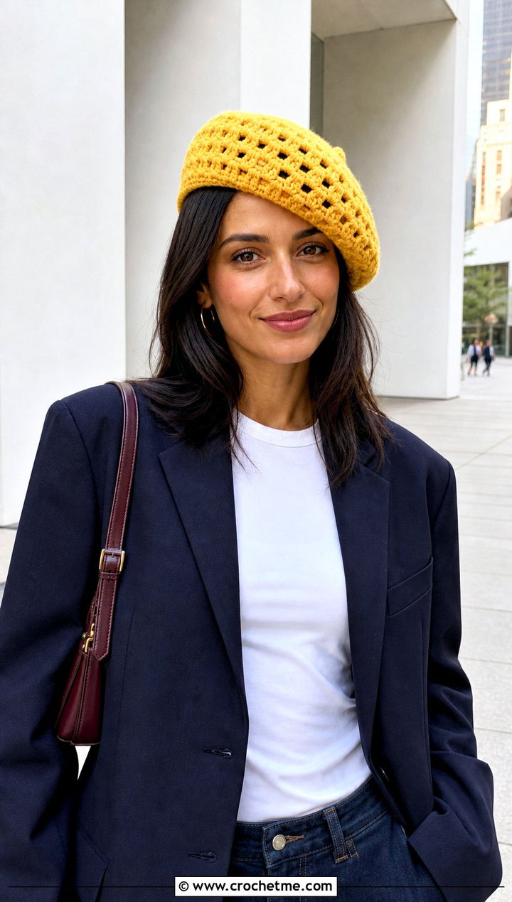 Granny Stitch Beret With Blazer And Jeans - 25 granny stitch crochet hat outfit ideas