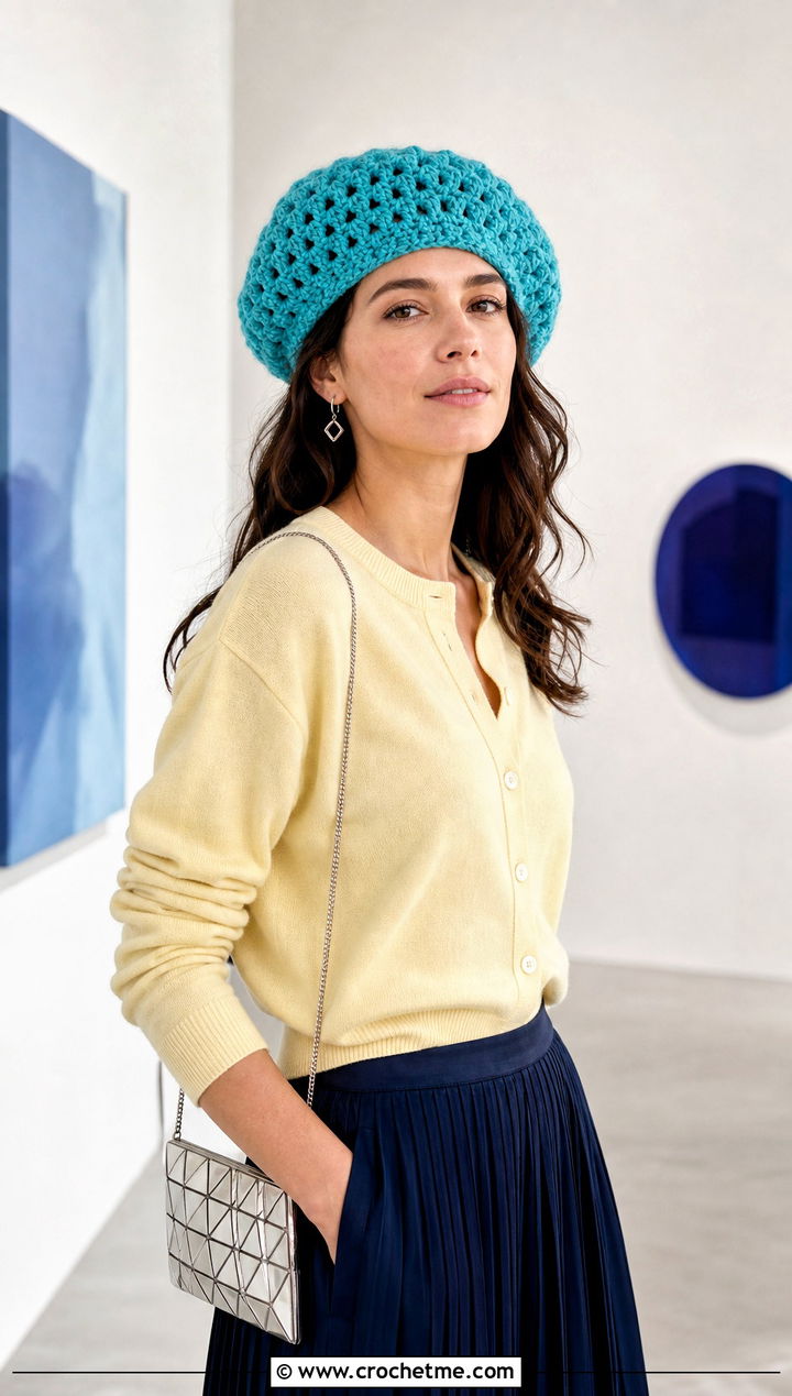 Granny Stitch Beret With Cardigan And Pleated Skirt - 30 crochet granny stitch hat outfit ideas