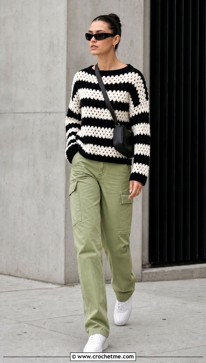 Granny Stitch Black And White Striped Crochet Sweater With Cargo Pants - 25 black and white striped crochet sweater outfit ideas