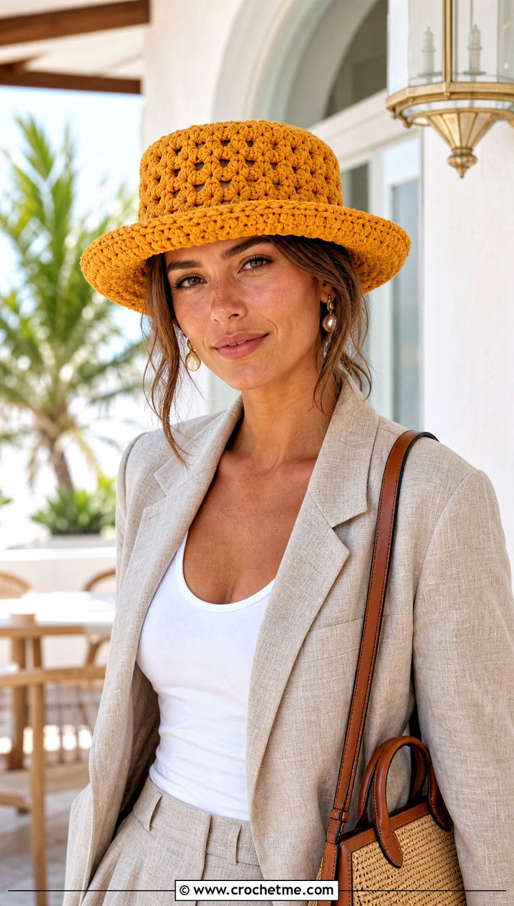 Granny Stitch Boater Hat With Linen Suit - 30 crochet granny hat outfit ideas