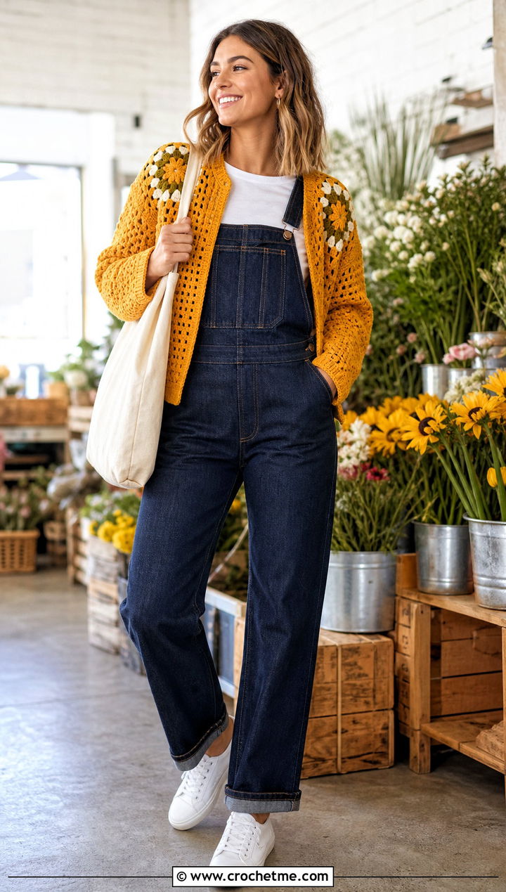 Granny Stitch Body Cardigan With Denim Overalls - 35 granny square crochet cardigan jacket outfit ideas