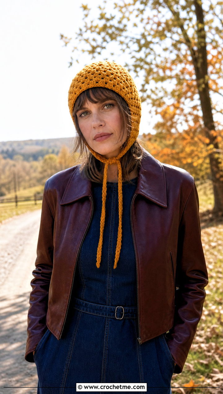 Granny Stitch Bonnet Hat With Denim Dress And Ankle Boots - 30 crochet granny stitch hat outfit ideas