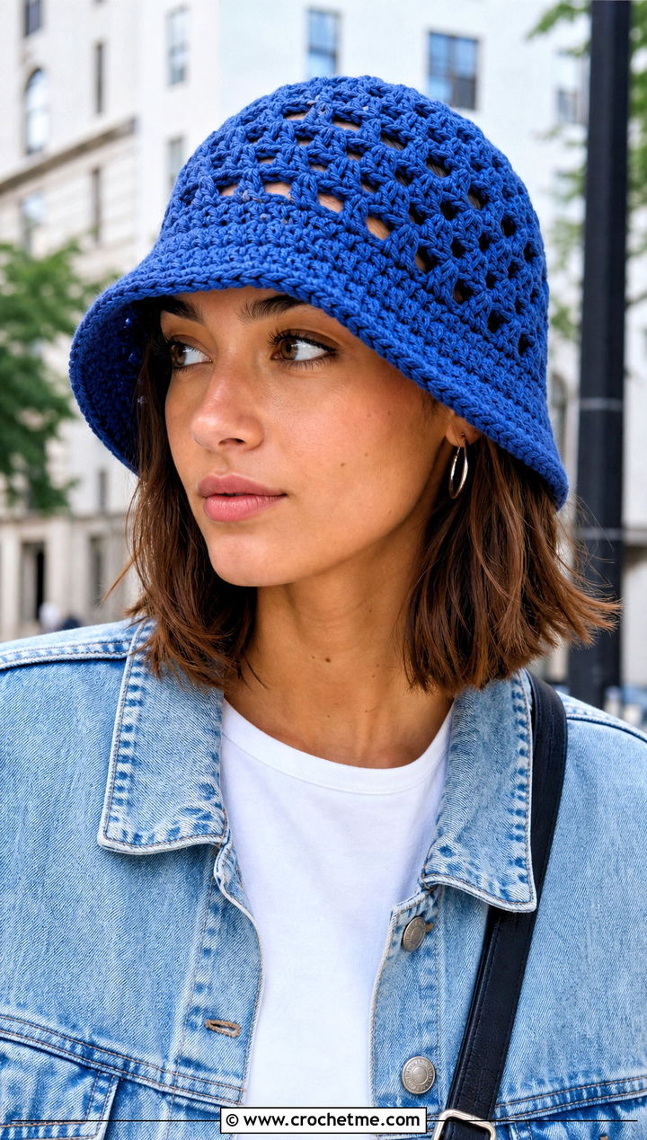 Granny Stitch Bucket Hat With Denim Jacket - 25 granny stitch crochet hat outfit ideas