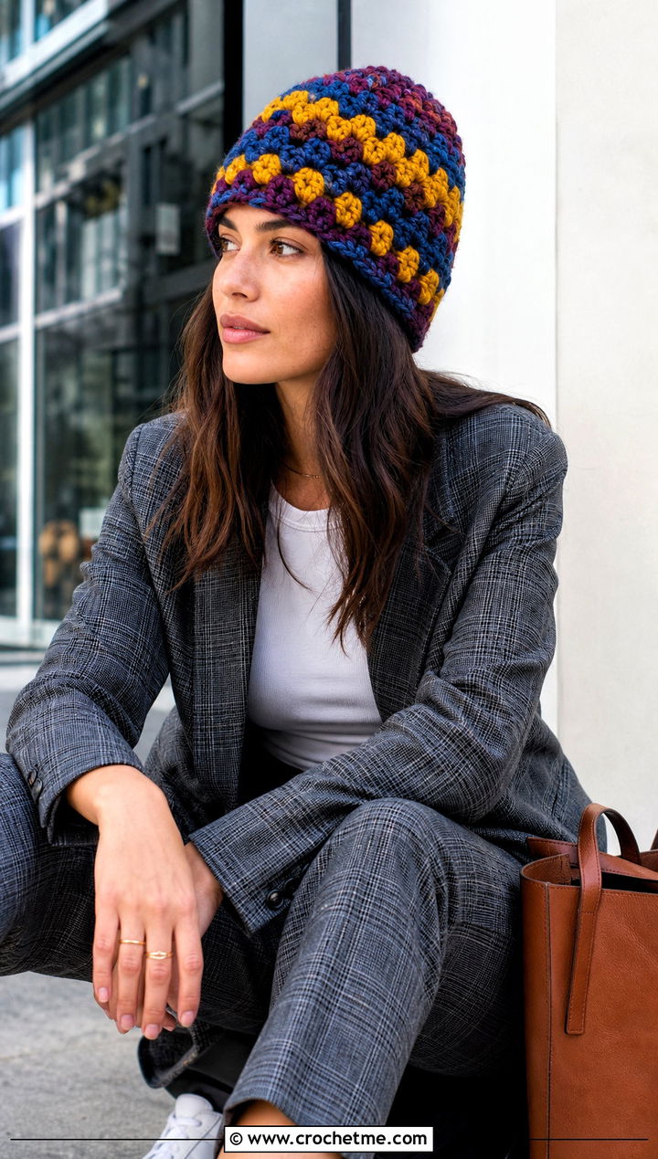 Granny Stitch Bulky Yarn Crochet Beanie With Plaid Suit - 30 bulky yarn crochet beanie outfit ideas