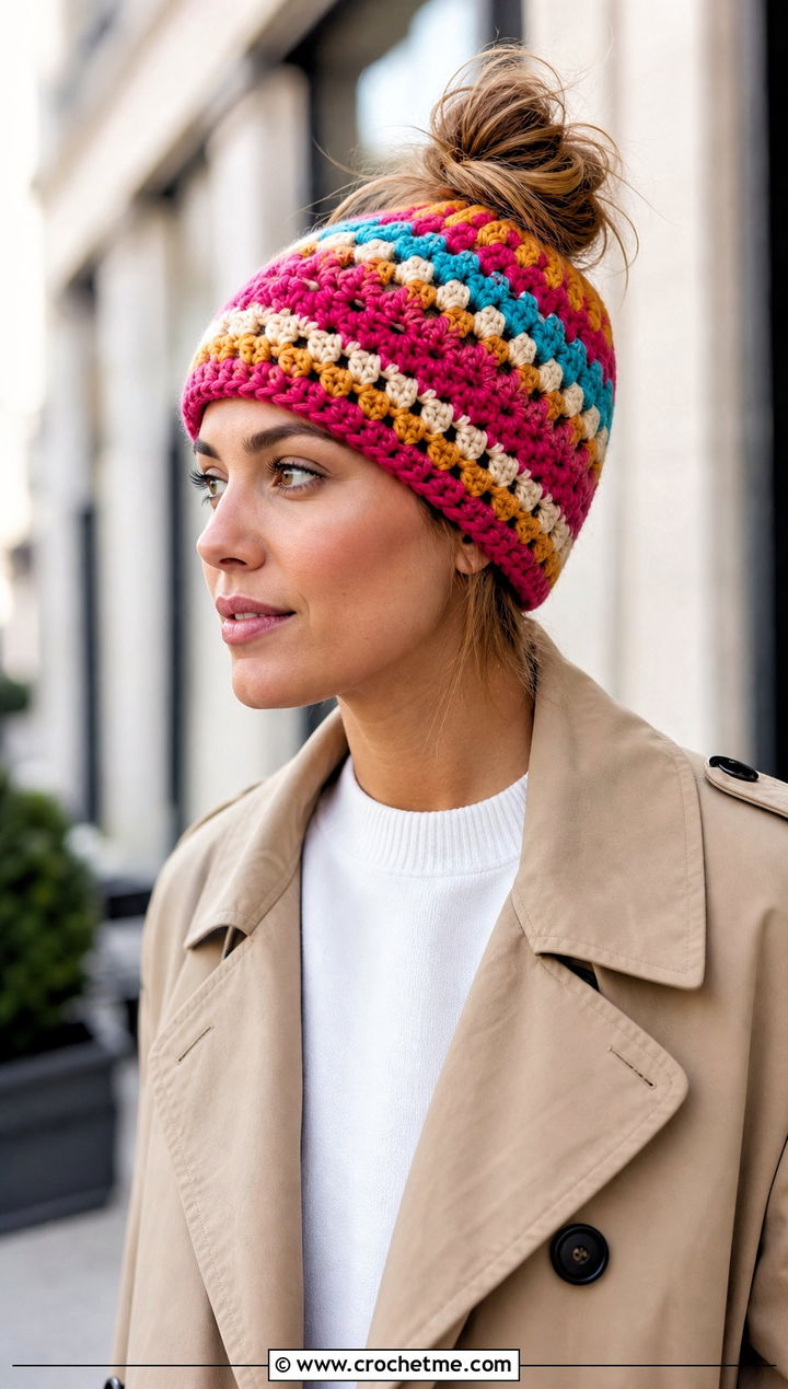 Granny Stitch Bun Hat With Trench Coat - 15 bun crochet hat outfit ideas