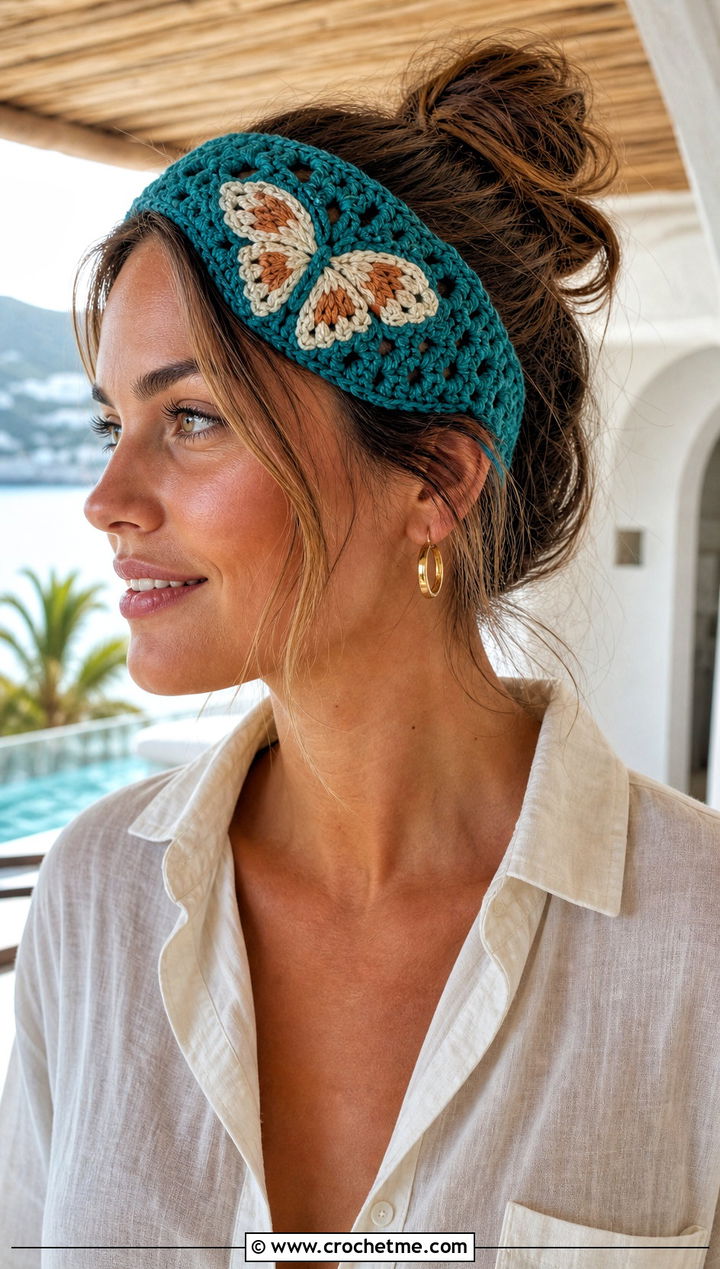 Granny Stitch Butterfly Crochet Headband With Linen Set - 15 crochet butterfly headband outfit ideas
