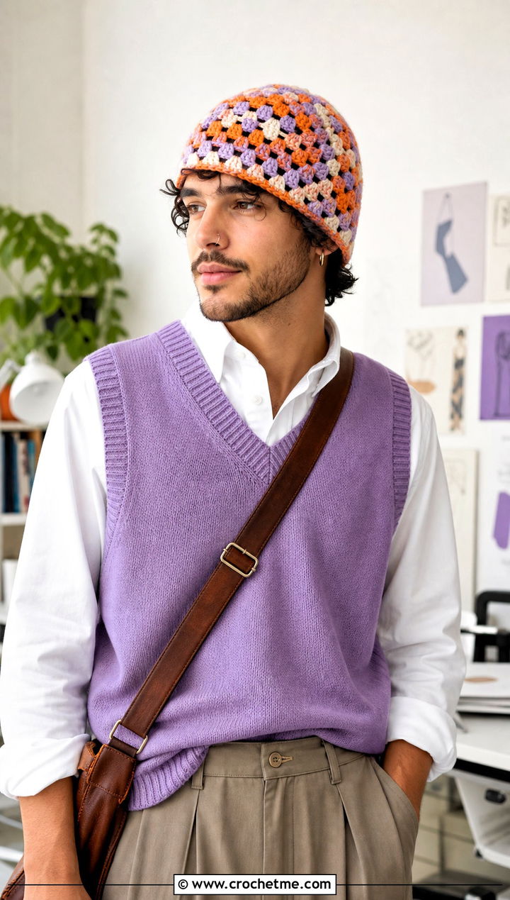 Granny Stitch Camo Crochet Beanie With Sweater Vest - 20 Camo Beanie Crochet Hat outfit ideas