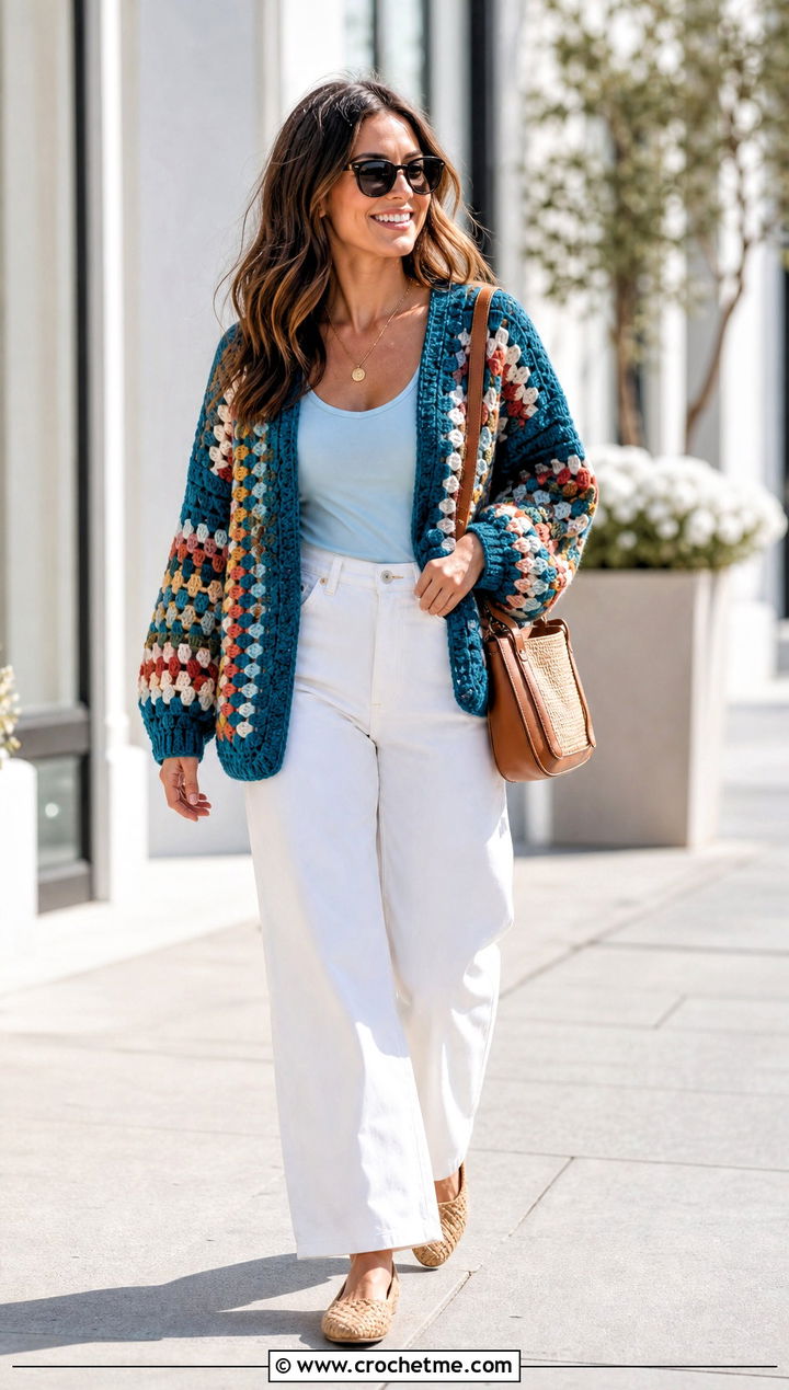 Granny Stitch Campfire Cardigan With White Denim - 30 crochet campfire cardigan outfit ideas