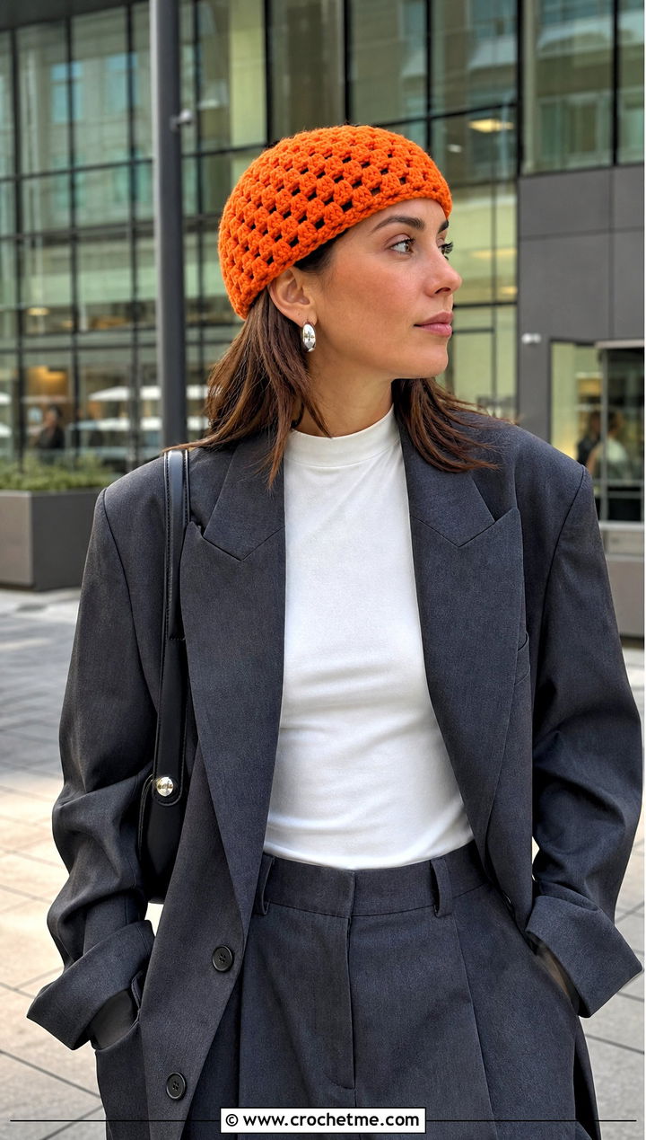 Granny Stitch Cap With Oversized Suit - 30 crochet granny hat outfit ideas