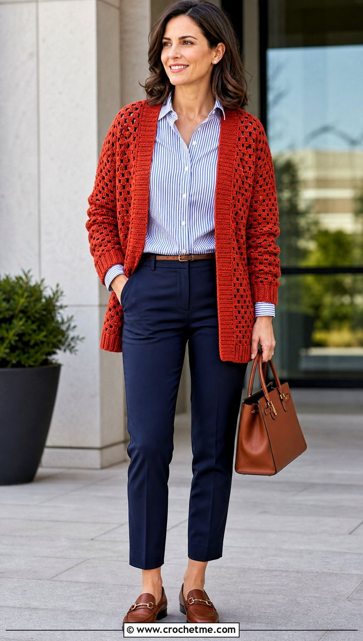 Granny Stitch Cardigan With Striped Shirt - 35 Easy Simple Crochet Granny Square Cardigan outfit ideas