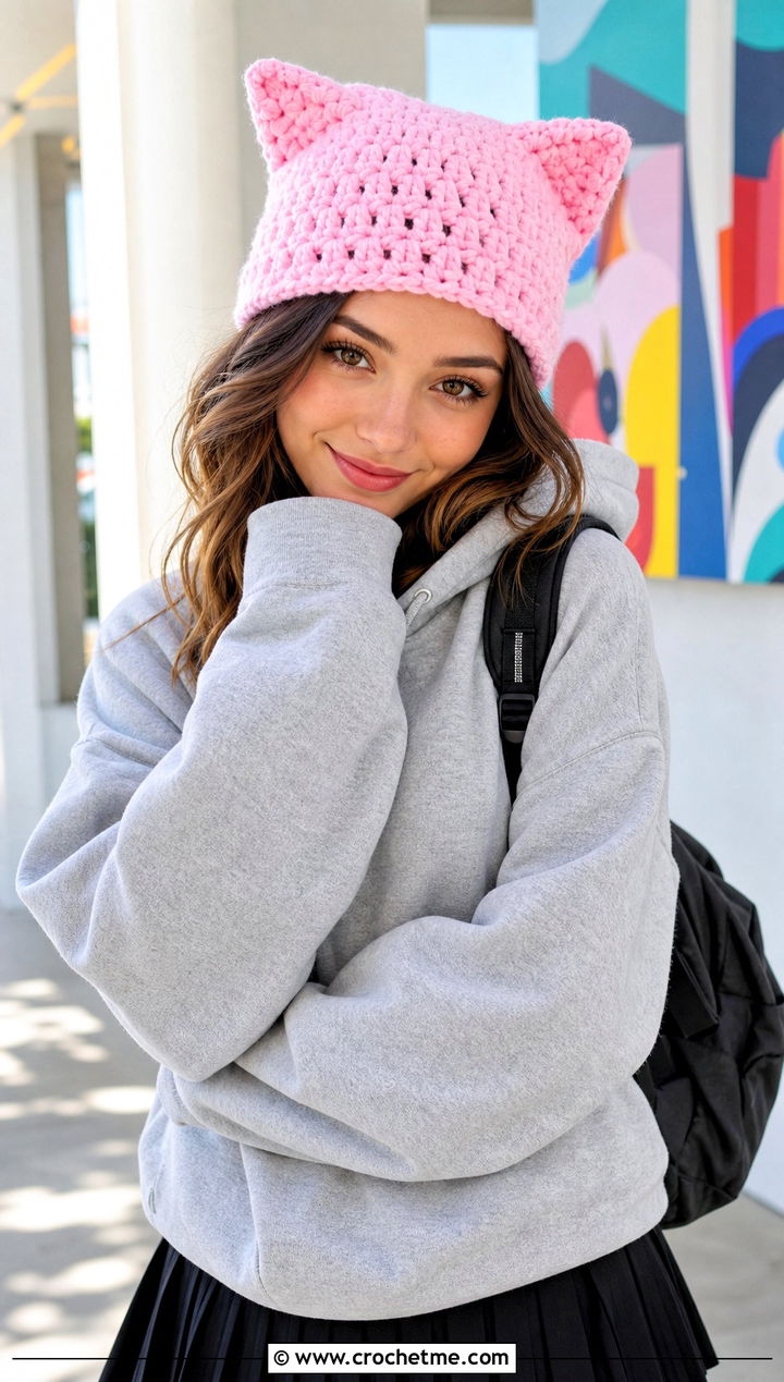 Granny Stitch Cat Ear Beanie With Oversized Hoodie - 25 granny stitch crochet hat outfit ideas