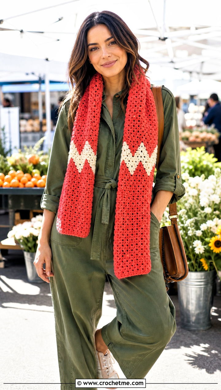 Granny Stitch Charlie Brown Scarf With Utility Jumpsuit - 15 Crochet Charlie Brown Scarf outfit ideas