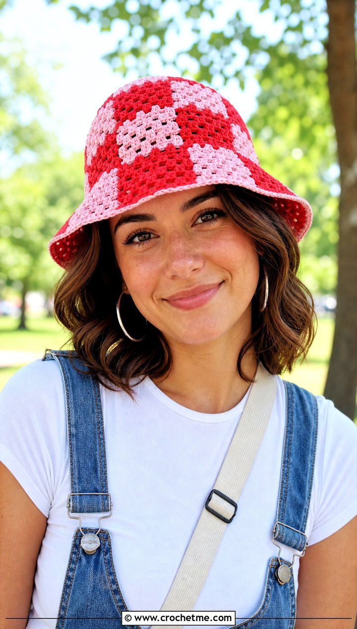 Granny Stitch Checkerboard Crochet Bucket Hat With Overalls - 20 checkerboard crochet bucket hat outfit ideas