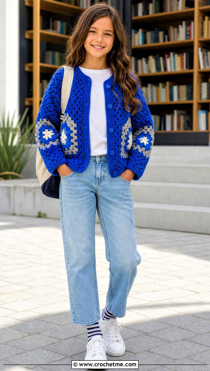 Granny Stitch Childs Hexagon Cardigan With Jeans - 15 Crochet Childs Hexagon Cardigan outfit ideas