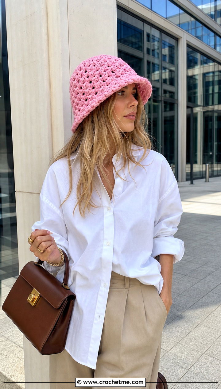Granny Stitch Chunky Bucket Hat With White Shirt - 30 crochet chunky bucket hat outfit ideas