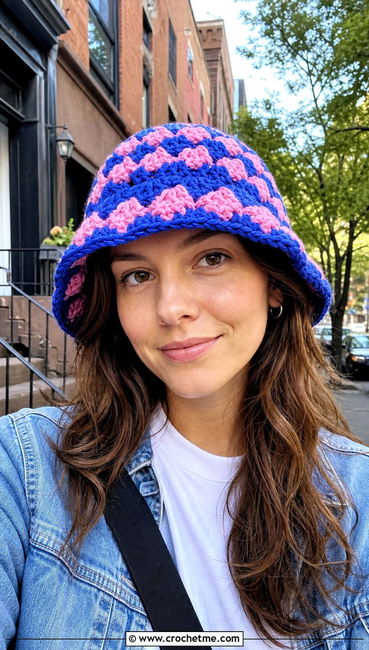Granny Stitch Chunky Crochet Bucket Hat With Denim Jacket - 25 Chunky Crochet Bucket Hat outfit ideas