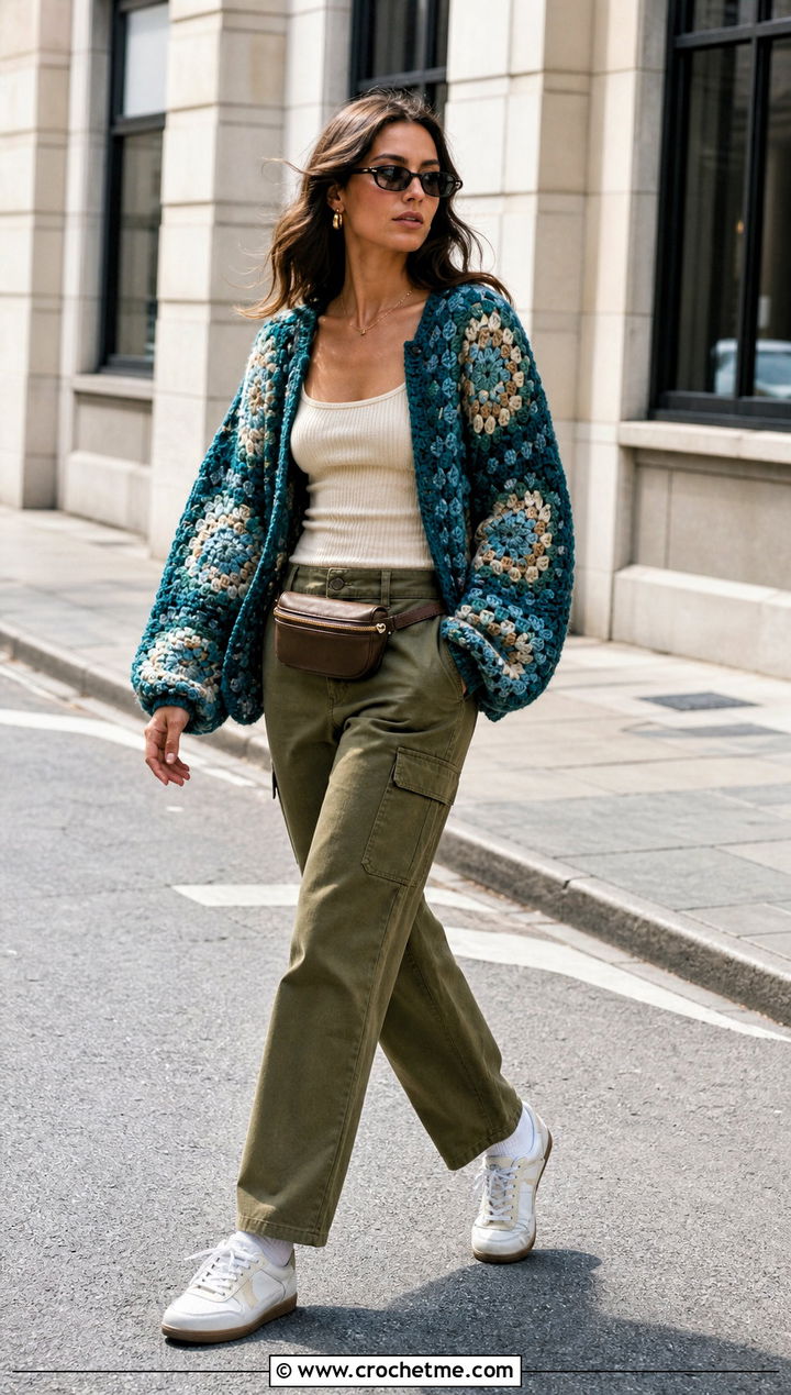 Granny Stitch Circle Cardigan With Cargo Pants - 30 crochet circle cardigan outfit ideas