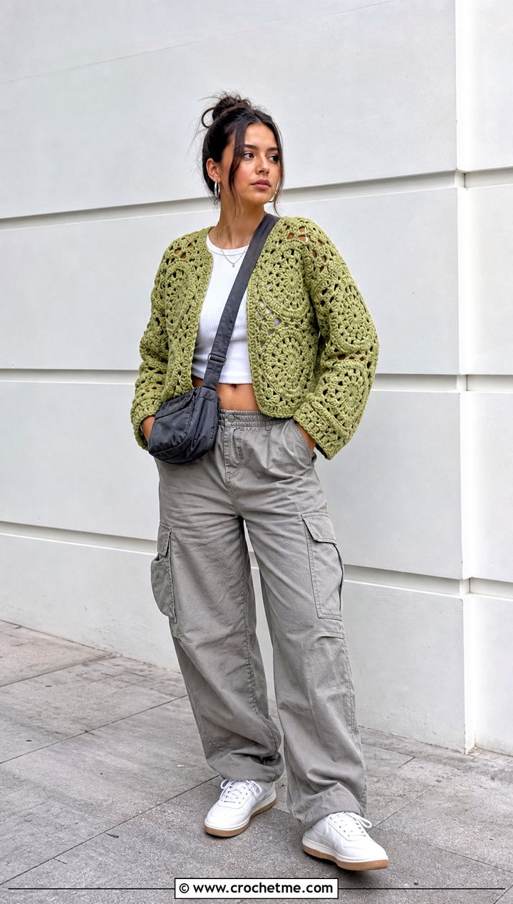 Granny Stitch Circle Crochet Cardigan With Cargo Pants - 25 circle crochet cardigan outfit ideas