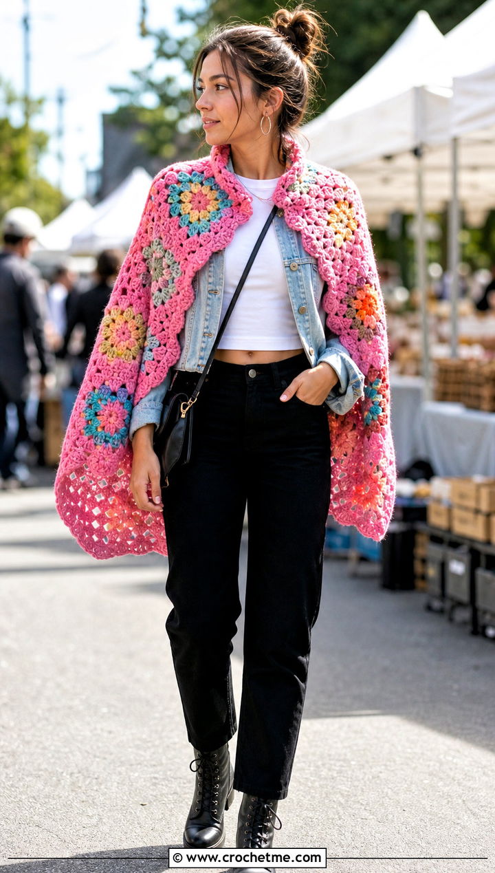 Granny Stitch Circle Crochet Shawl With Denim Jacket - 20 Circle Crochet Shawl outfit ideas