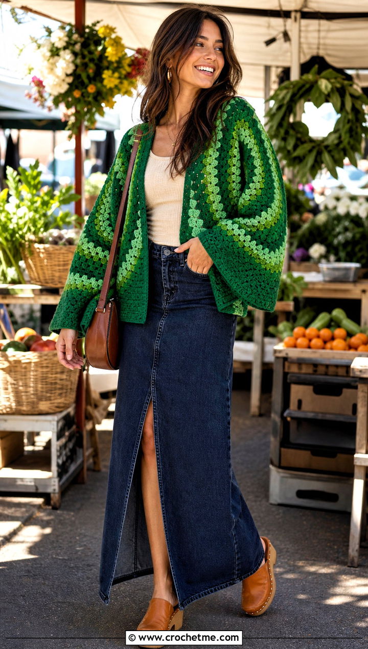 Granny Stitch Circle Jacket With Denim Maxi Skirt - 15 Crochet Circular Jacket outfit ideas