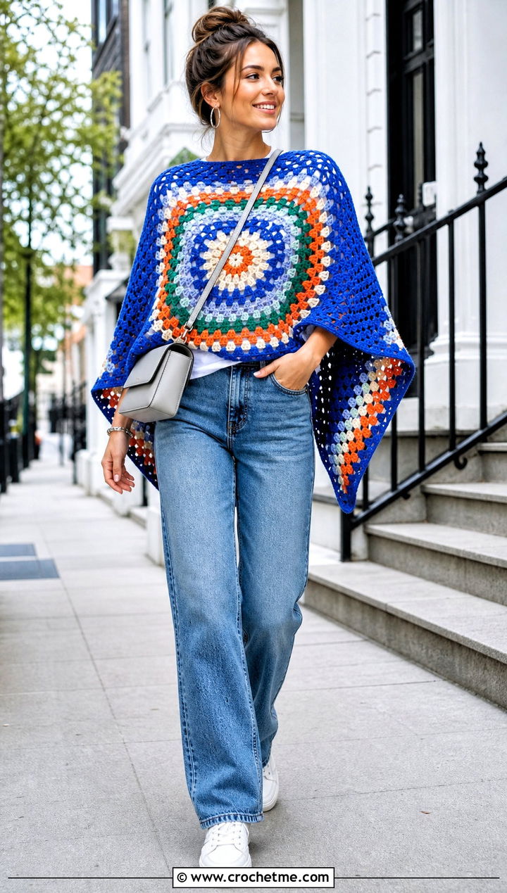 Granny Stitch Circle Poncho With Straight Leg Jeans - 25 Crochet Circle Poncho outfit ideas