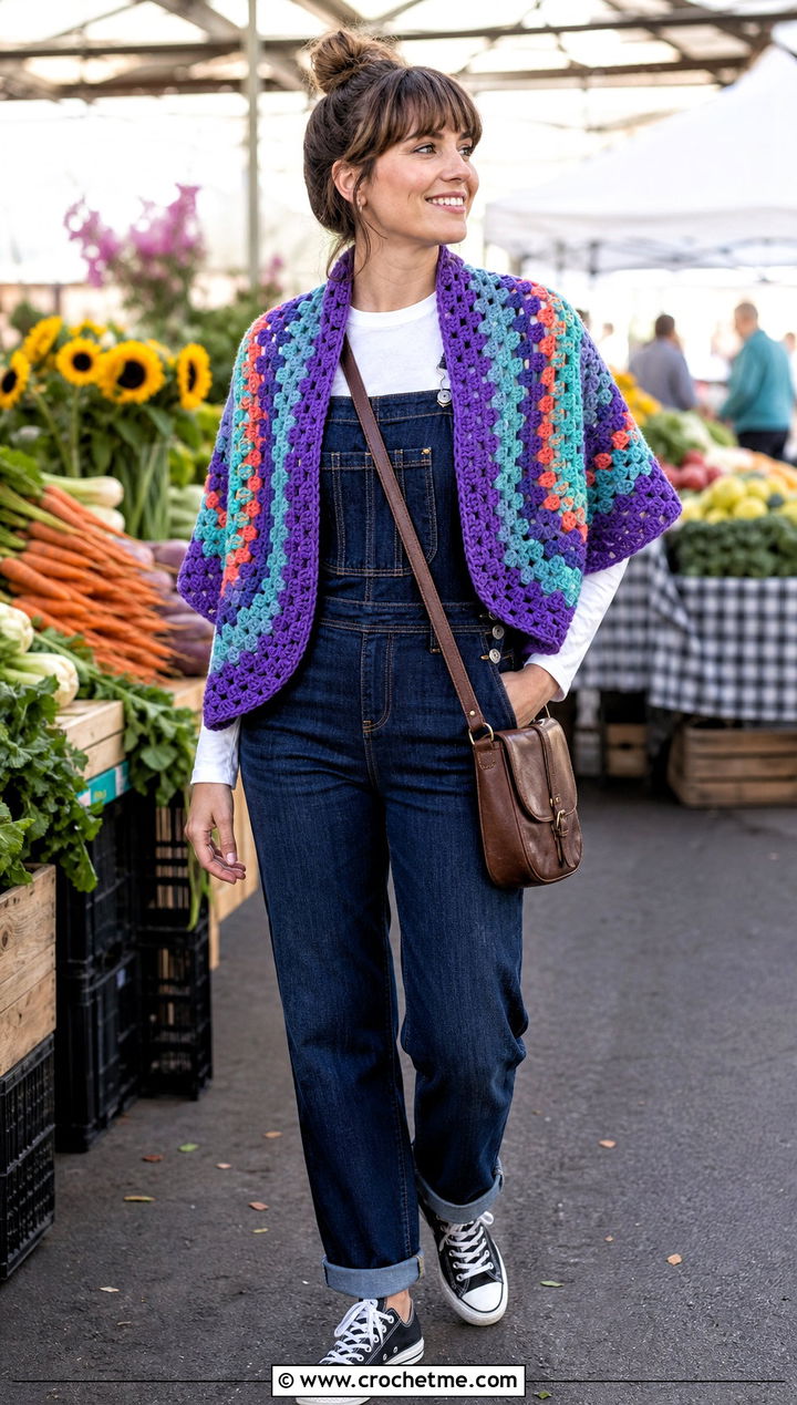 Granny Stitch Circular Shawl With Overalls - 30 crochet circular shawl outfit ideas