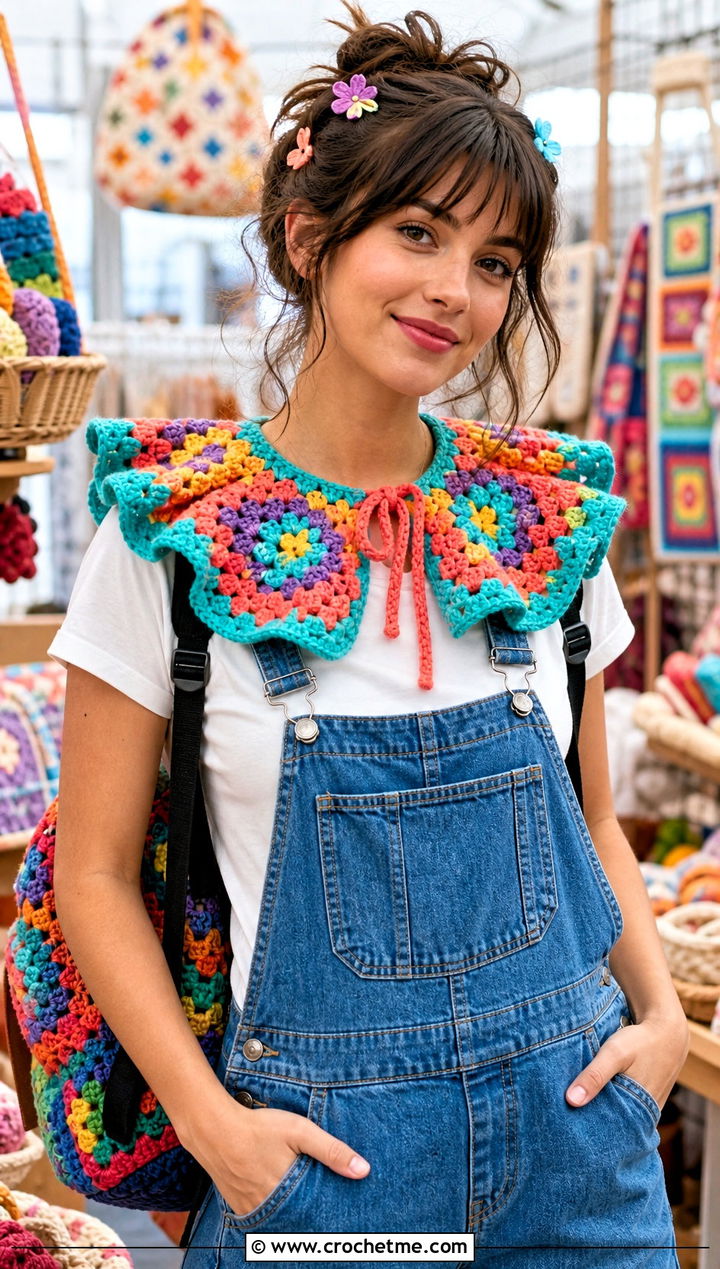 Granny Stitch Clown Crochet Ruffle Collar With Overalls - 25 Clown Crochet Ruffle Collar outfit ideas