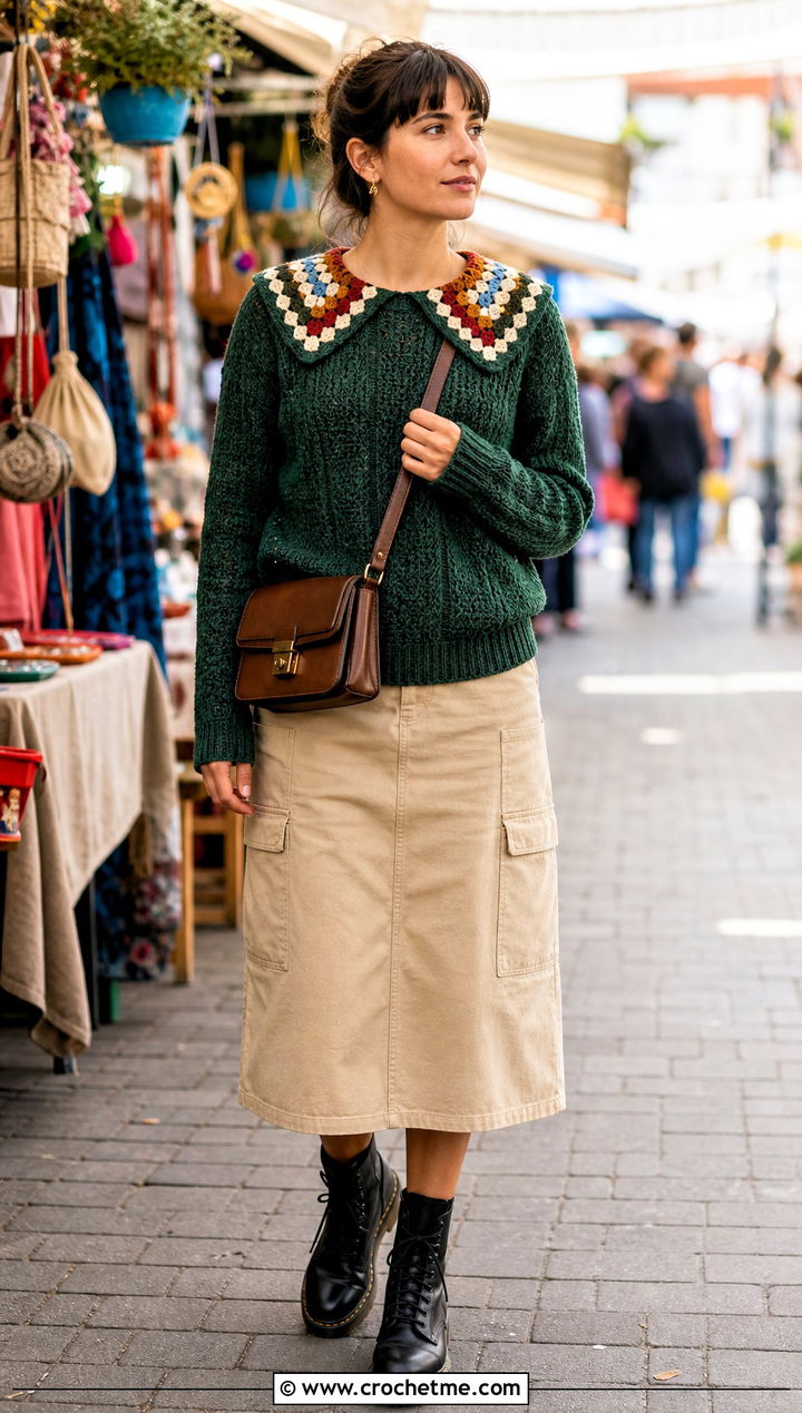 Granny Stitch Collar Sweater With Utility Skirt - 35 crochet sweater with collar outfit ideas