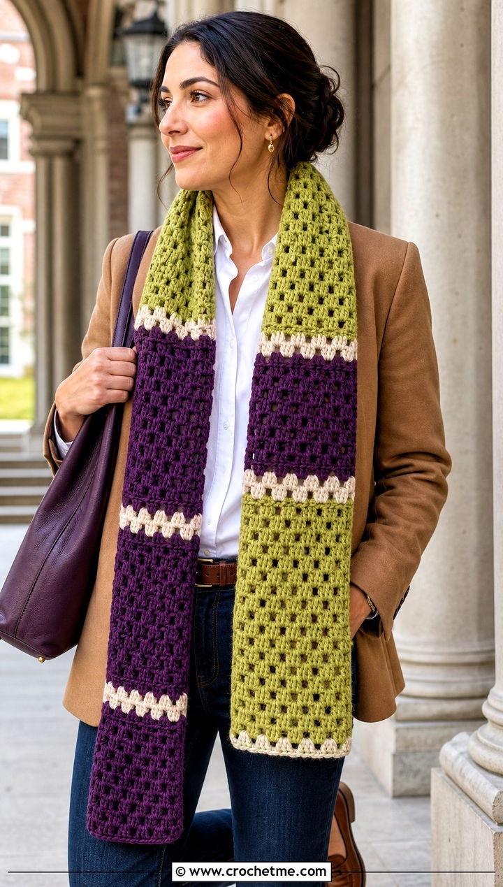 Granny Stitch Color Block Crochet Scarf With Camel Blazer - 25 Color Block Crochet Scarf outfit ideas