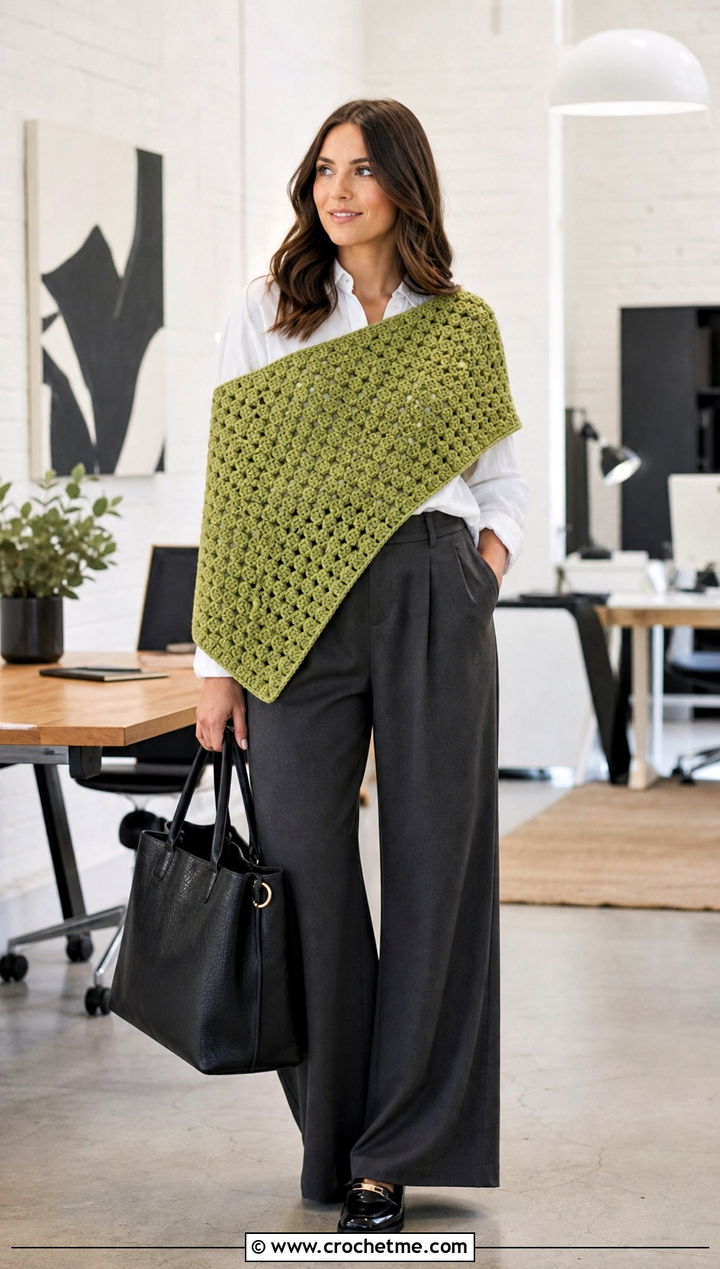 Granny Stitch Corner To Corner Crochet Shawl With Wide Leg Trousers - 15 Corner To Corner Crochet Shawl outfit ideas