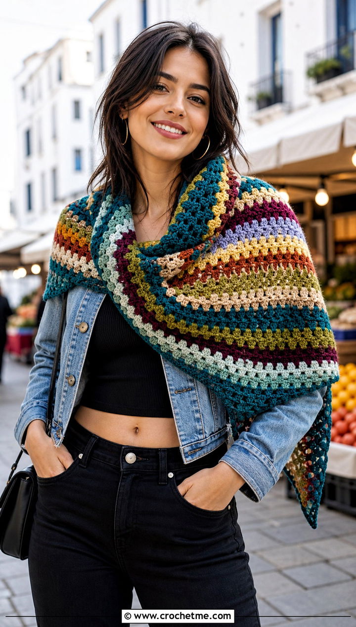 Granny Stitch Crescent Crochet Shawl With Denim Jacket - 25 Crescent Crochet Shawl outfit ideas