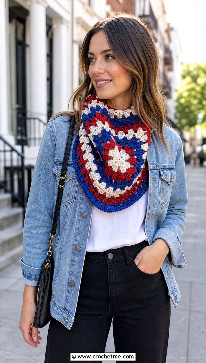 Granny Stitch Crochet Bandana Cowl With Denim Jacket - 30 crochet bandana cowl outfit ideas