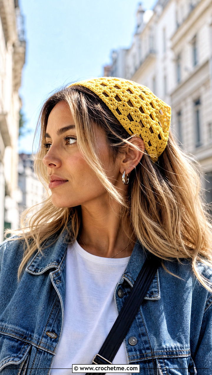 Granny Stitch Crochet Bandana Headband With Denim Jacket - 25 Crochet Bandana Headband outfit ideas