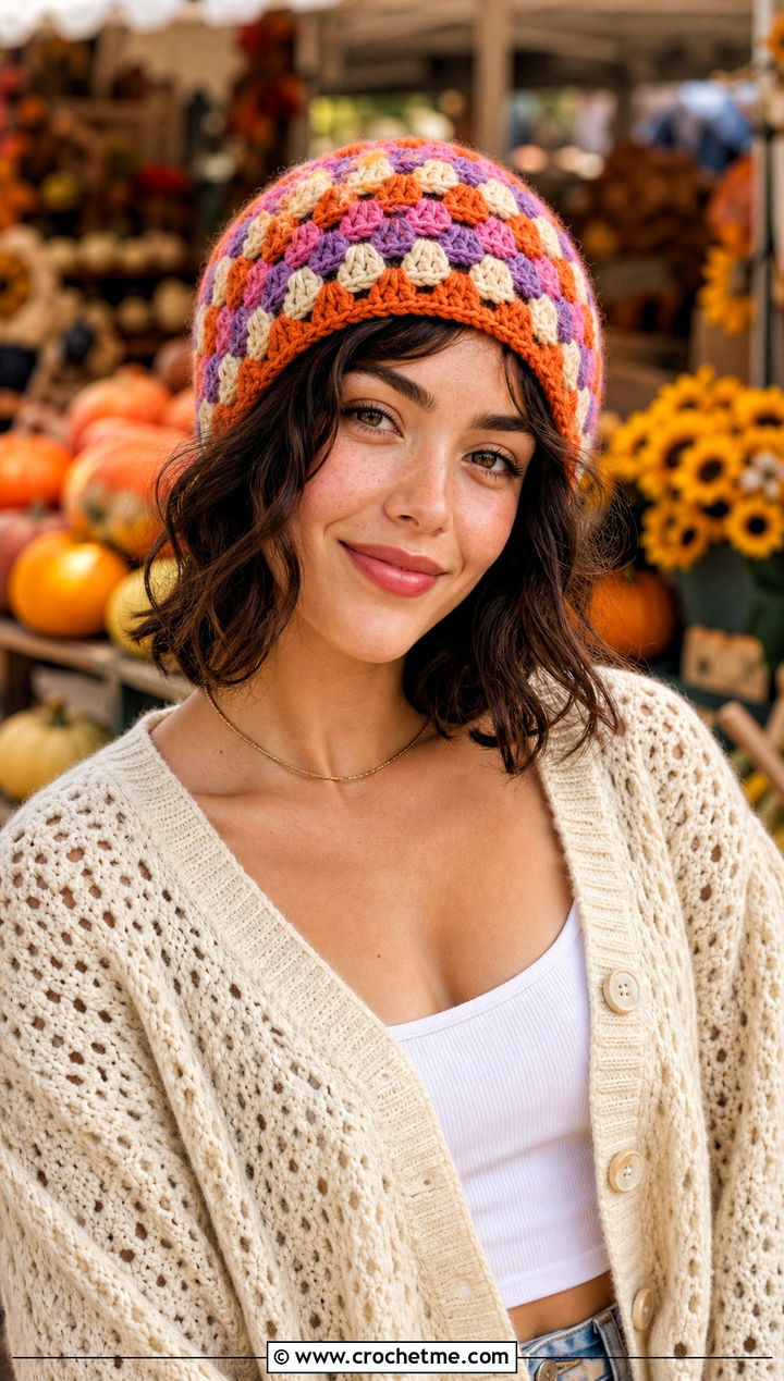 Granny Stitch Crochet Beanie With Cardigan - 25 crochet hat for beginners outfit ideas