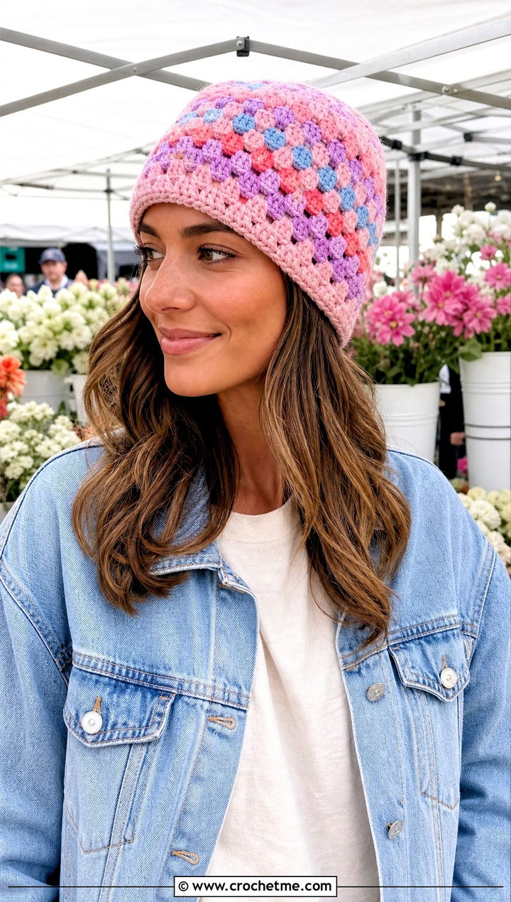 Granny Stitch Crochet Beanie With Denim Jacket And Midi Skirt - 15 Easy Crochet Beanies For Beginners outfit ideas