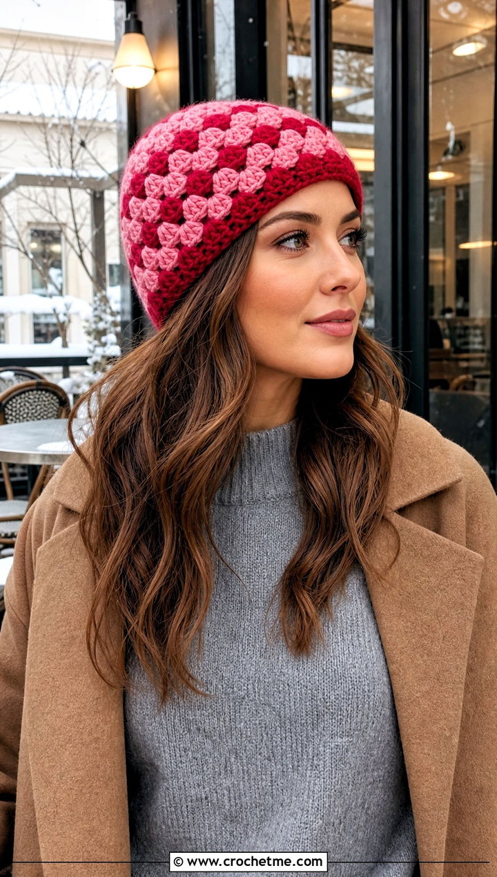 Granny Stitch Crochet Beanie With Sweater Dress - 30 Two Colors Crochet Hat outfit ideas