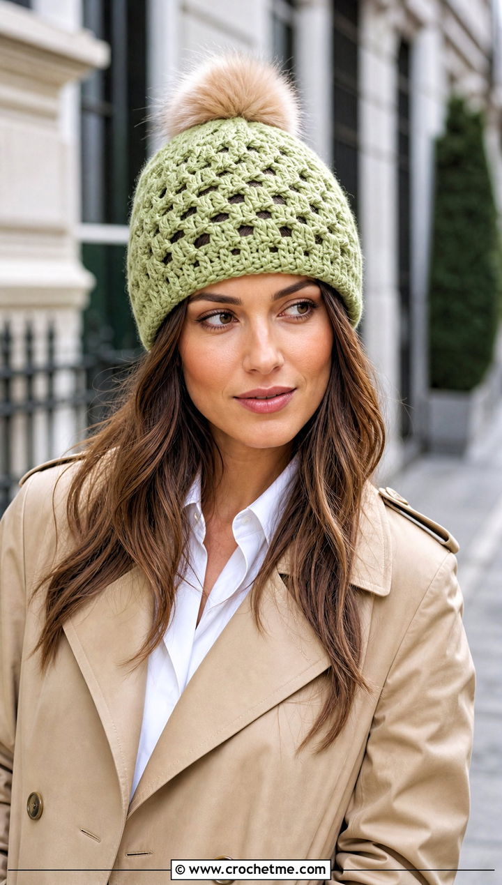 Granny Stitch Crochet Beanie With Trench Coat And Denim - 15 Crochet Hat With Fur Pom Pom outfit ideas