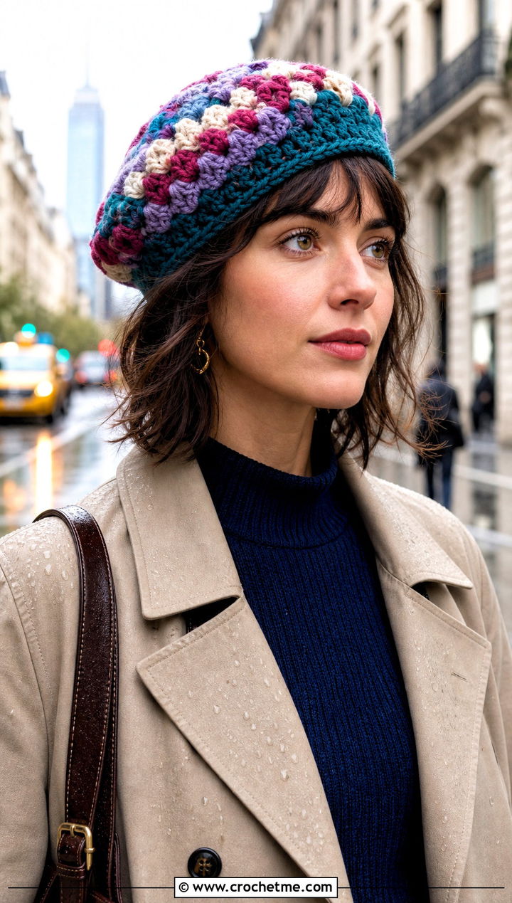 Granny Stitch Crochet Beret With Trench Coat - 15 multi color crochet hat outfit ideas