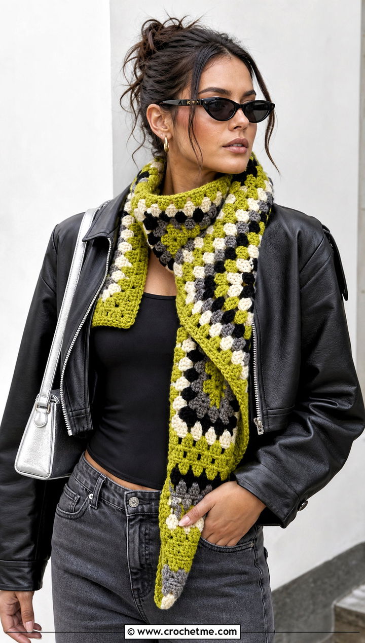 Granny Stitch Crochet Boomerang Scarf With Leather Jacket - 15 Crochet Boomerang Scarf outfit ideas