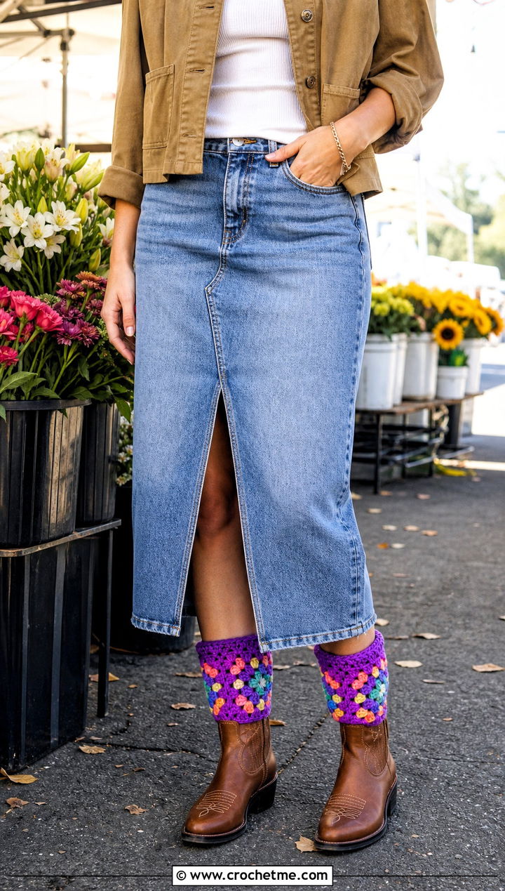 Granny Stitch Crochet Boot Cuffs With Denim Midi Skirt - 35 crochet boot cuffs outfit ideas