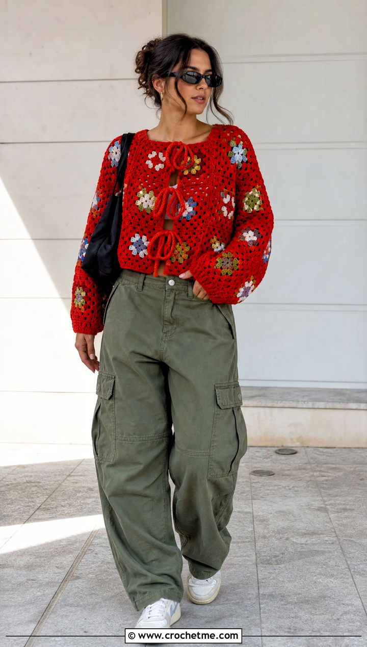 Granny Stitch Crochet Bow Sweater With Cargo Pants - 25 crochet bow sweater outfit ideas