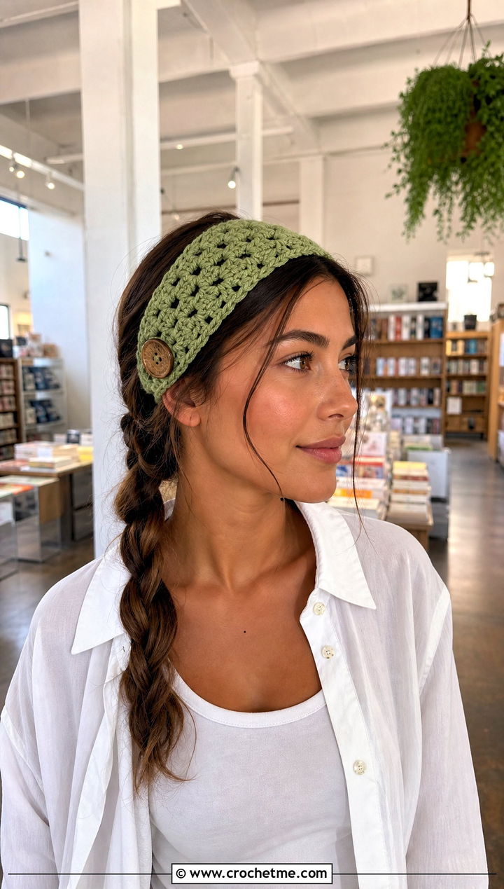 Granny Stitch Crochet Button Headband With White Shirt - 15 Crochet Button Headband outfit ideas