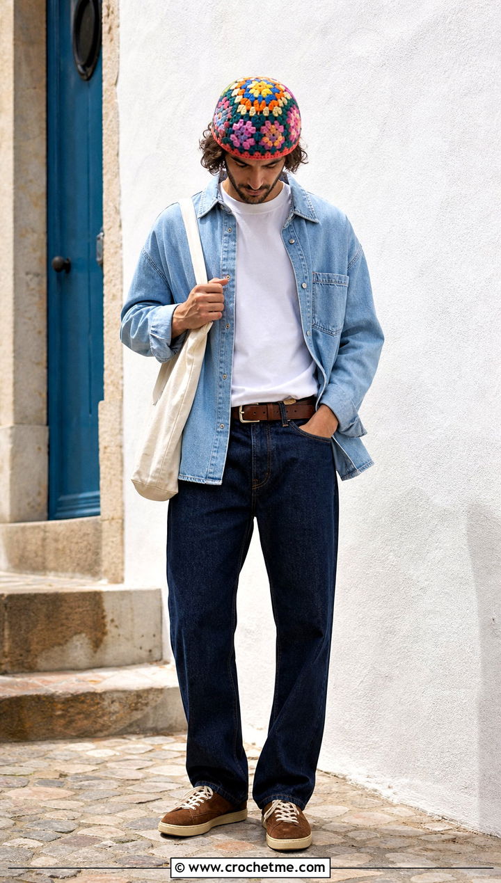 Granny Stitch Crochet Cap With Double Denim Outfit - 35 crochet hat for man outfit ideas