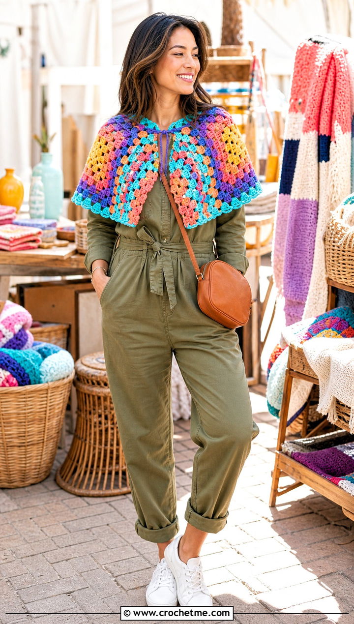 Granny Stitch Crochet Capelet With Utility Jumpsuit - 15 Outlander Crochet Capelet outfit ideas