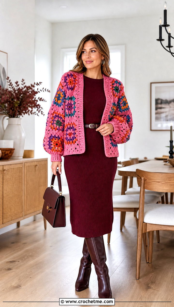 Granny Stitch Crochet Cardigan Sweater With Knit Dress - 25 Crochet Thanksgiving Sweater outfit ideas
