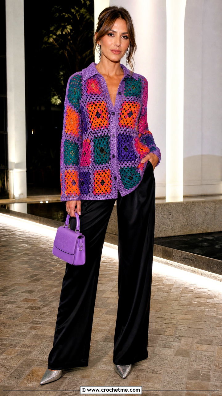 Granny Stitch Crochet Cardigan Top With Satin Pants - 35 aesthetic crochet tops outfit ideas