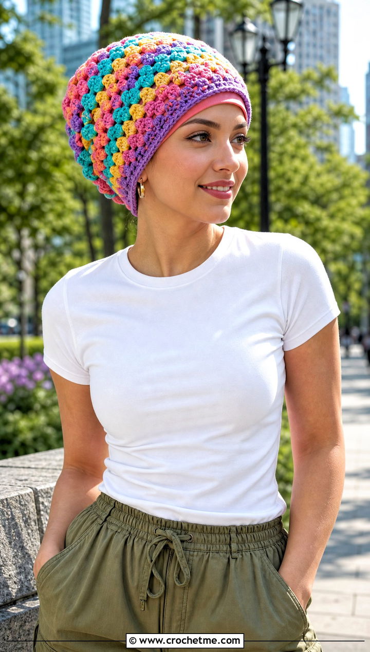 Granny Stitch Crochet Chemo Cap With Cargo Pants - 20 Crochet Summer Chemo Caps outfit ideas